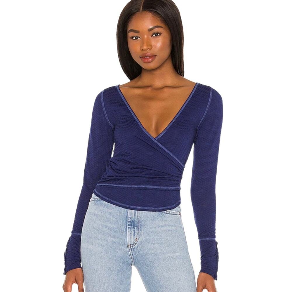 Free People Penny Top Surplice Long Sleeve in Ink Blue NWT Large